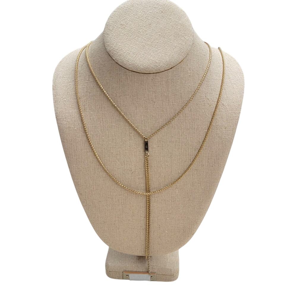 Lucky Brand Gold Tone Layered Wheat Chain Y Drop Lariat Tassel Charm Necklace